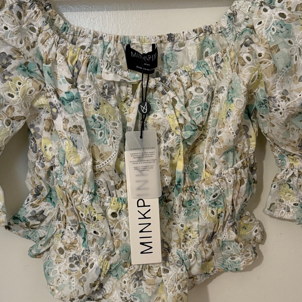 MINKPINK Floral Ruffle Blouse - Green, Yellow, Cream